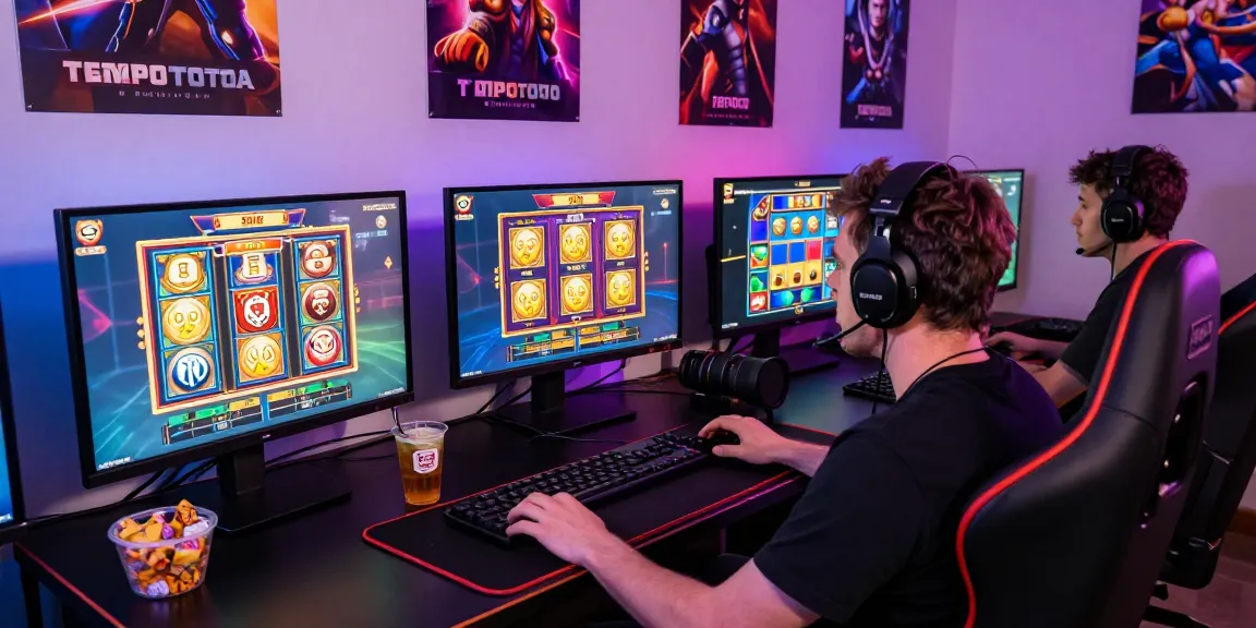 Player immersed in online gaming with TEMPOTOTO slot screens in vibrant setup.