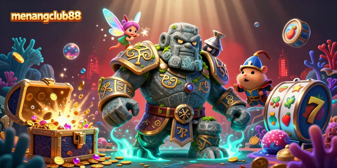 Win big at menangclub88 with vibrant 3D illustration showcasing gambling excitement and magical elements.