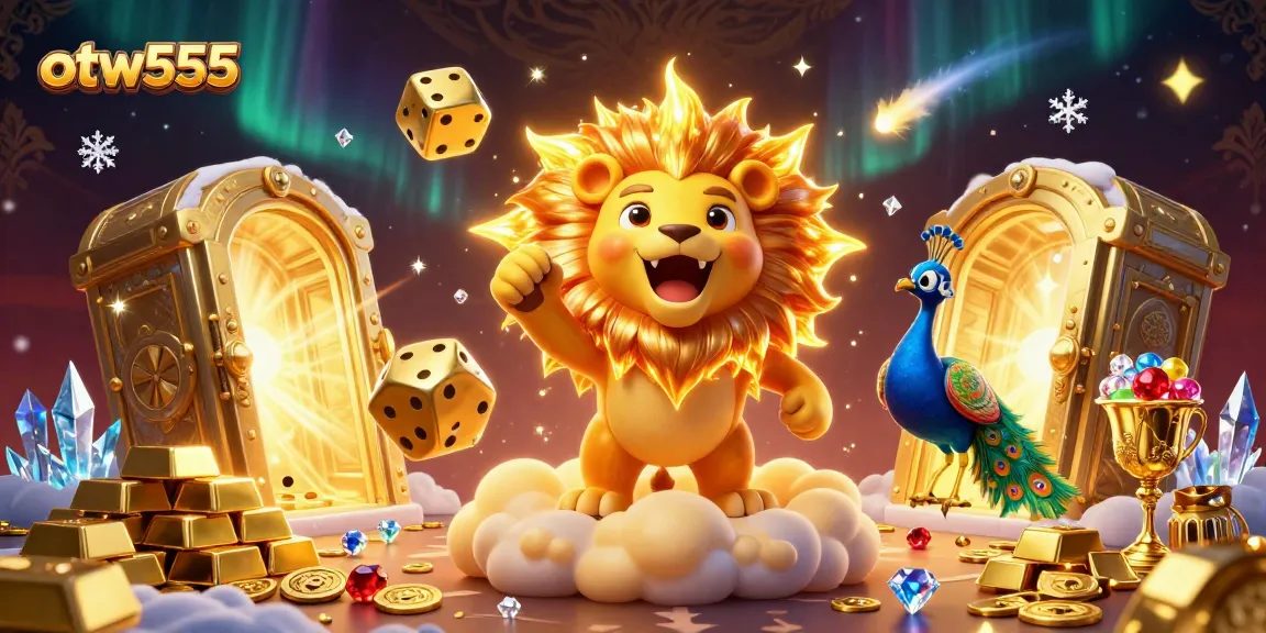 Experience otw555 with a dynamic 3D illustration of a roaring sun lion amidst cascading casino treasures.
