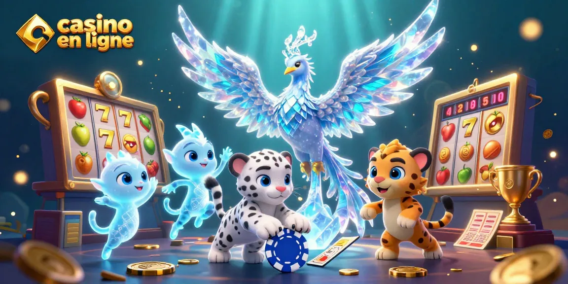Des jeux de casino en ligne avec un phoenix de glace et un petit léopard des neiges parmi des jetons et des éléments de machine à sous.