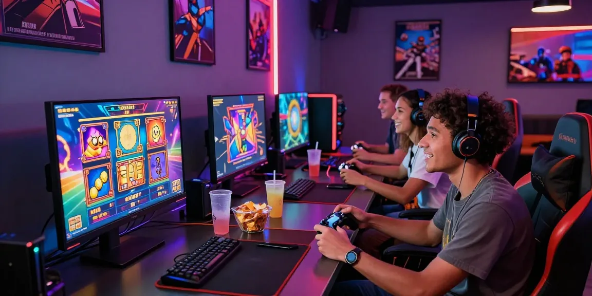 Players enjoying Sugar Rush slot game in a lively gaming lounge with snacks.
