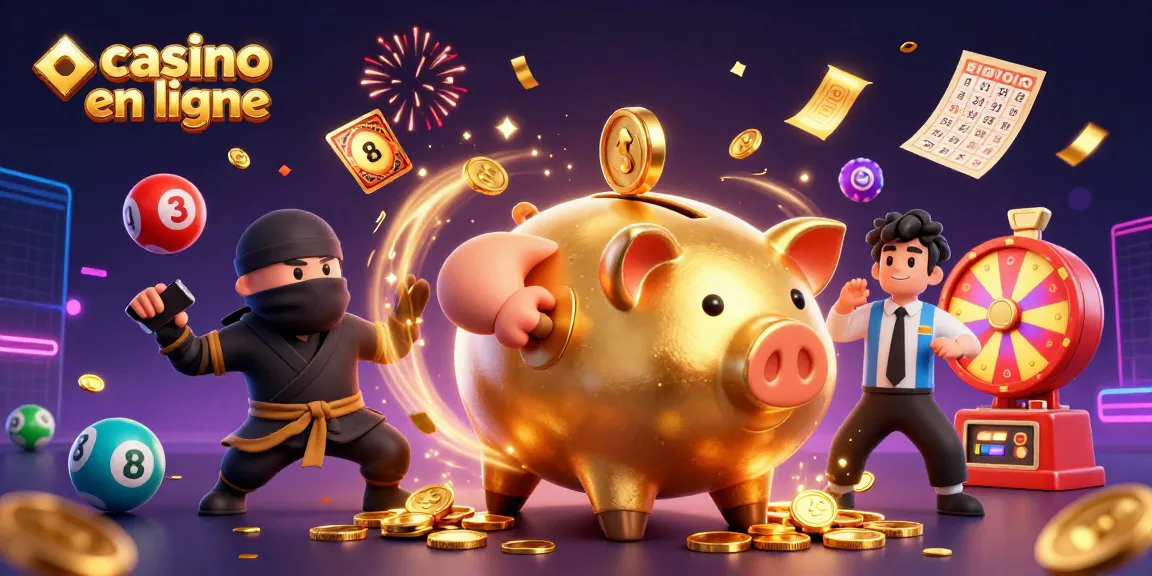 Illustration animée de casino en ligne avec un sumo et des éléments de loterie.