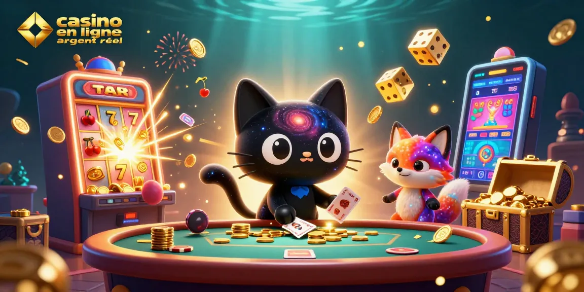 Illustration d'un casino en ligne argent réel avec un chat noir trou noir attirant des jetons d'or.