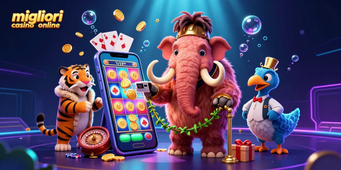 Visualizza l'entrata dei migliori casino online con un mammuth, una tigre e un dodo.