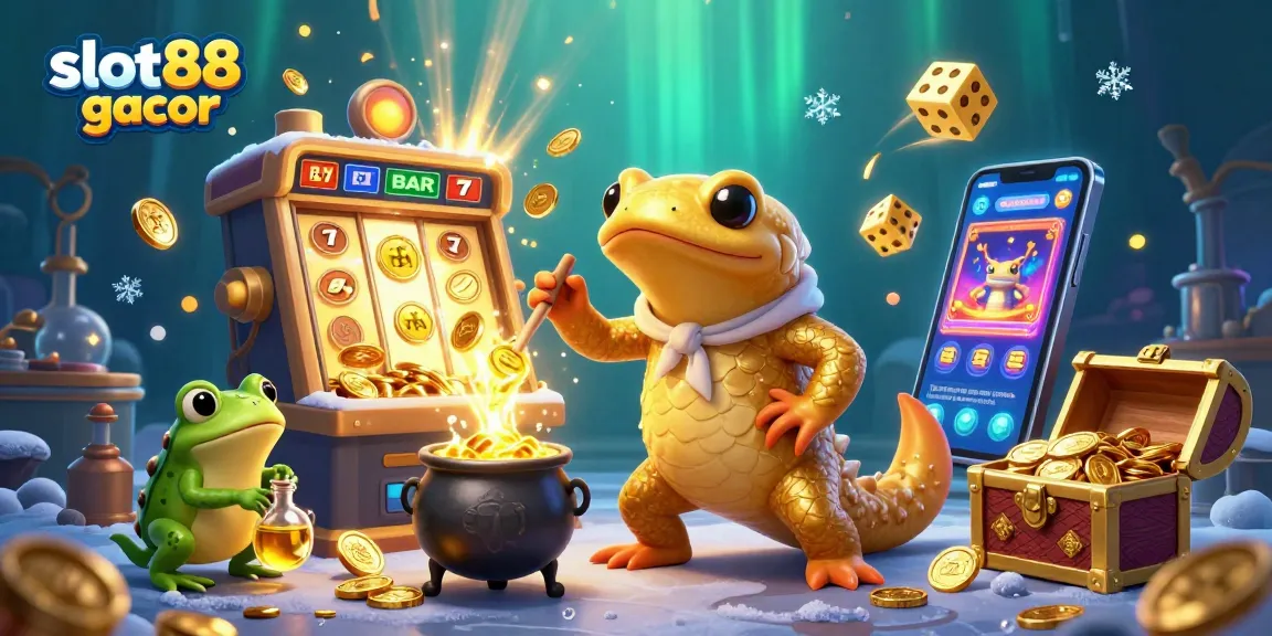 Experience the excitement of slot88 gacor with a dynamic scene featuring golden treasure and festive casino elements.