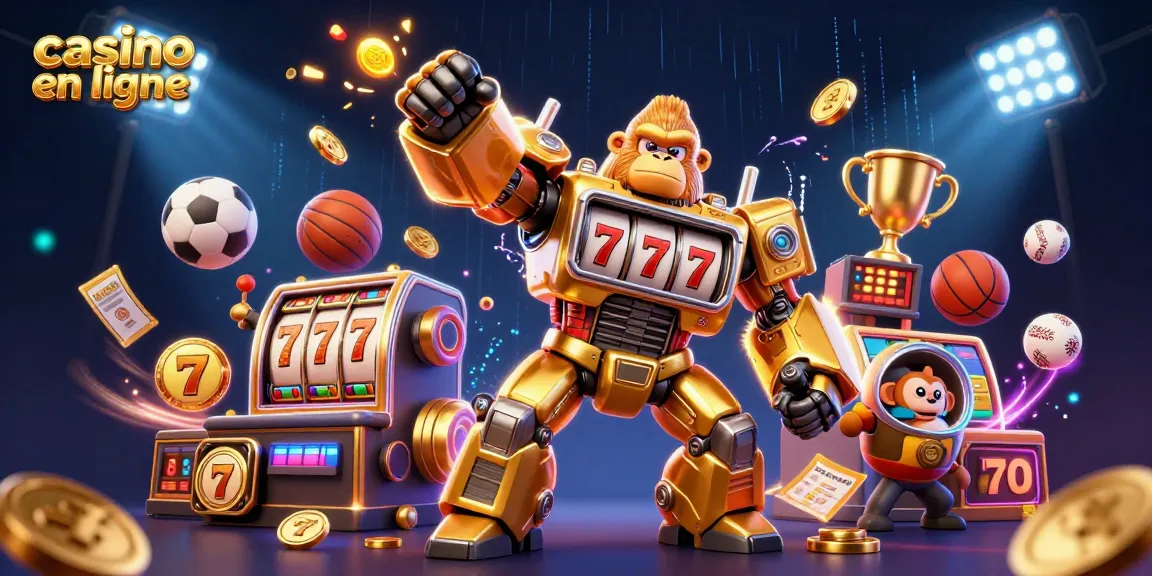 Améliorez vos gains avec notre illustration dynamique de casino en ligne où un gorille mech en or contrôle des machines à sous.