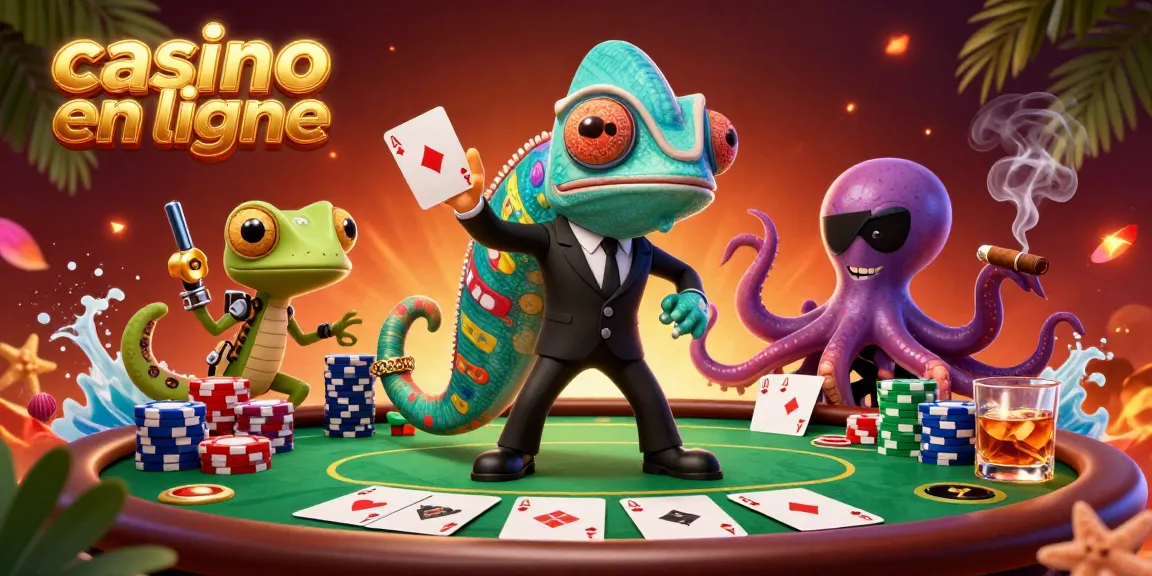 Découvrez un captivant casino en ligne avec des personnages animés entourés de jetons de poker et de cartes.