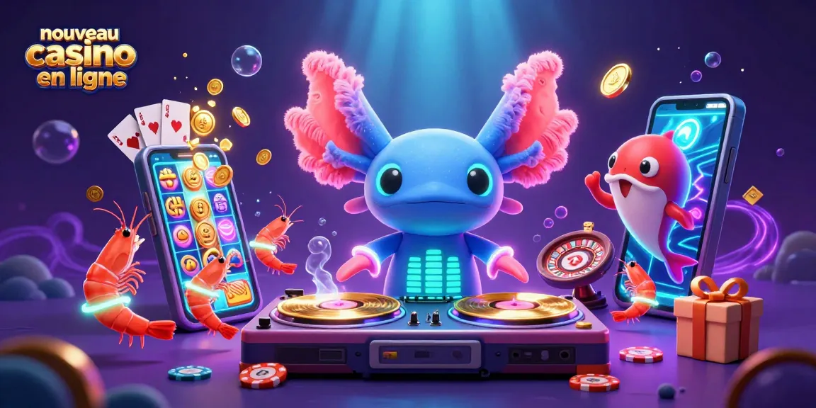 Plongez dans l'univers du nouveau casino en ligne avec un DJ axolotl vibrant et des éléments de jeu animés.