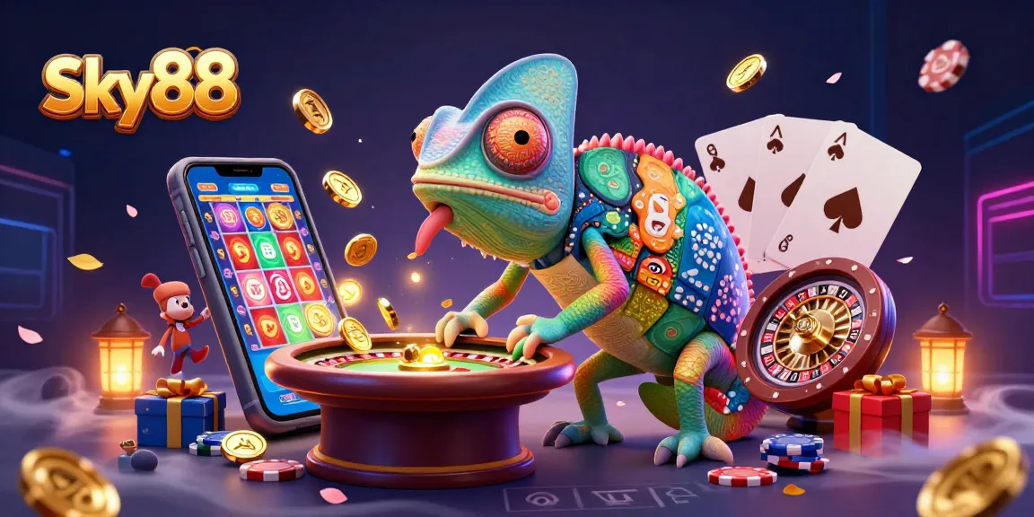 Experience excitement with Sky88's vibrant casino scene featuring a colorful chameleon and dynamic game elements.