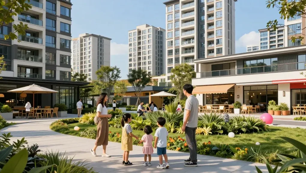 Dover Residences featuring a family enjoying community spaces and modern amenities in a vibrant urban setting.
