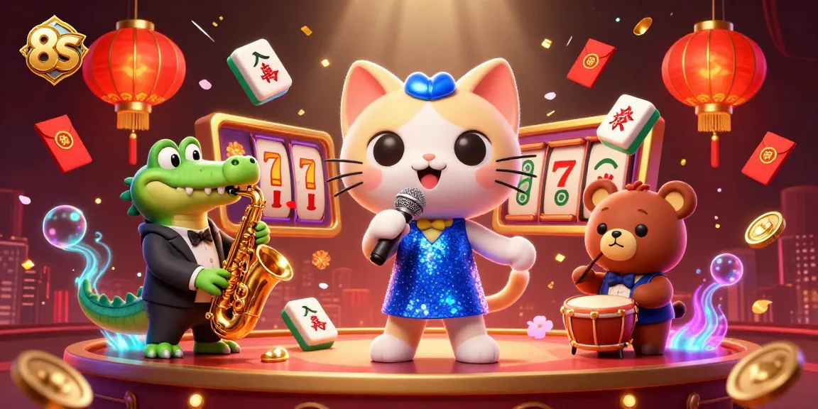 8S lively casino scene featuring colorful characters and slot game elements for exciting gameplay.