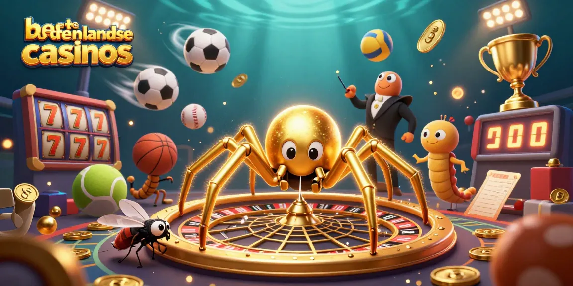 Engage with the beste buitenlandse casinos represented by a golden spider and dynamic sports elements.