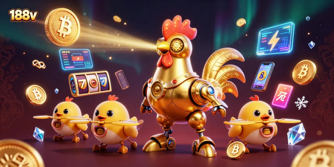 Experience thrilling wins at 188v with a vibrant 3D casino scene featuring robots and crypto elements.