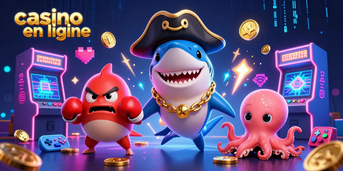 Participez à l'univers du casino en ligne avec un requin pirate rigolo, un poisson-globe boxeur, et un bébé poulpe tenant des pièces d'or.