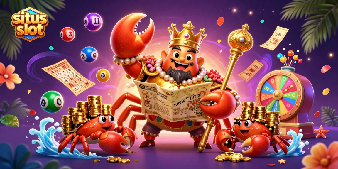 Menghadirkan permainan situs slot yang menarik, ilustrasi 3D menampilkan kepiting emas besar dengan scepter dan peta, dikelilingi bola lotere warna-warni.