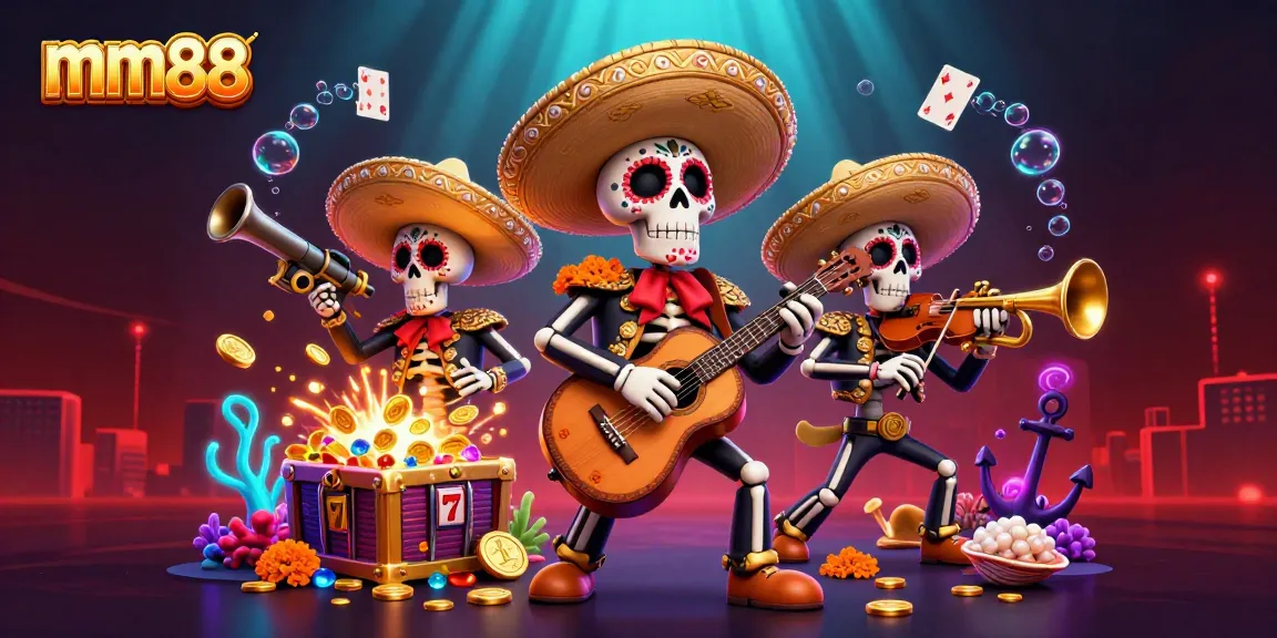 Experience thrilling slots action with mm88's vibrant cartoon mariachi band above a treasure trove.