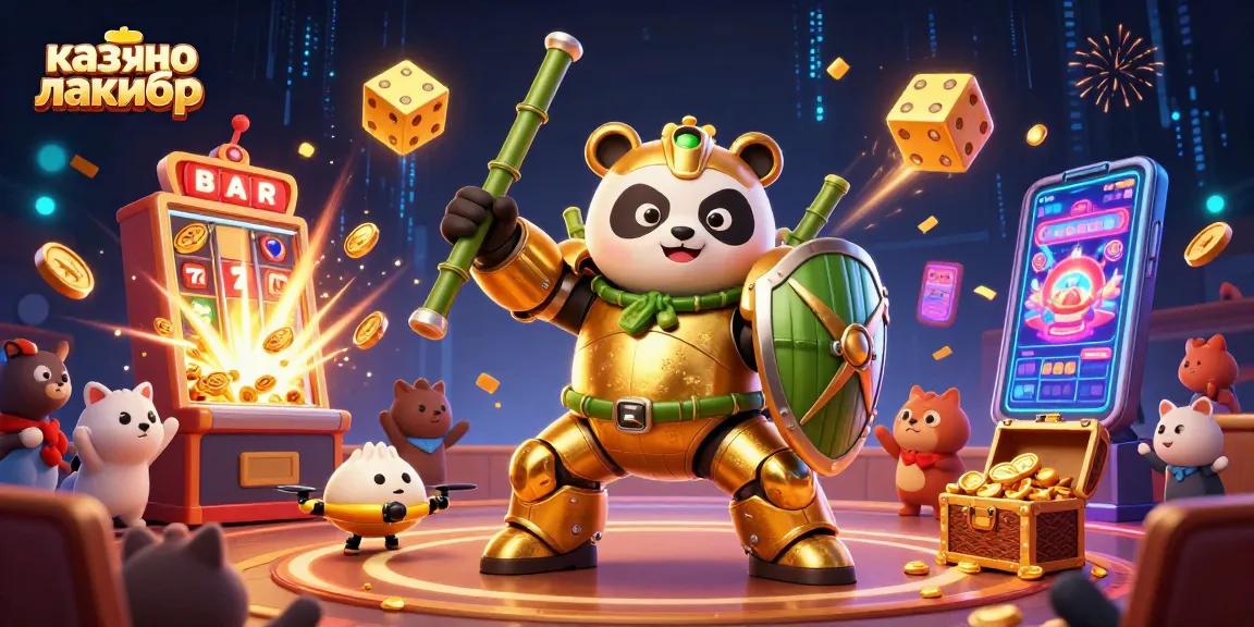 Experience the excitement of казино лакибир with a golden panda piloting a robotic slot machine adventure.