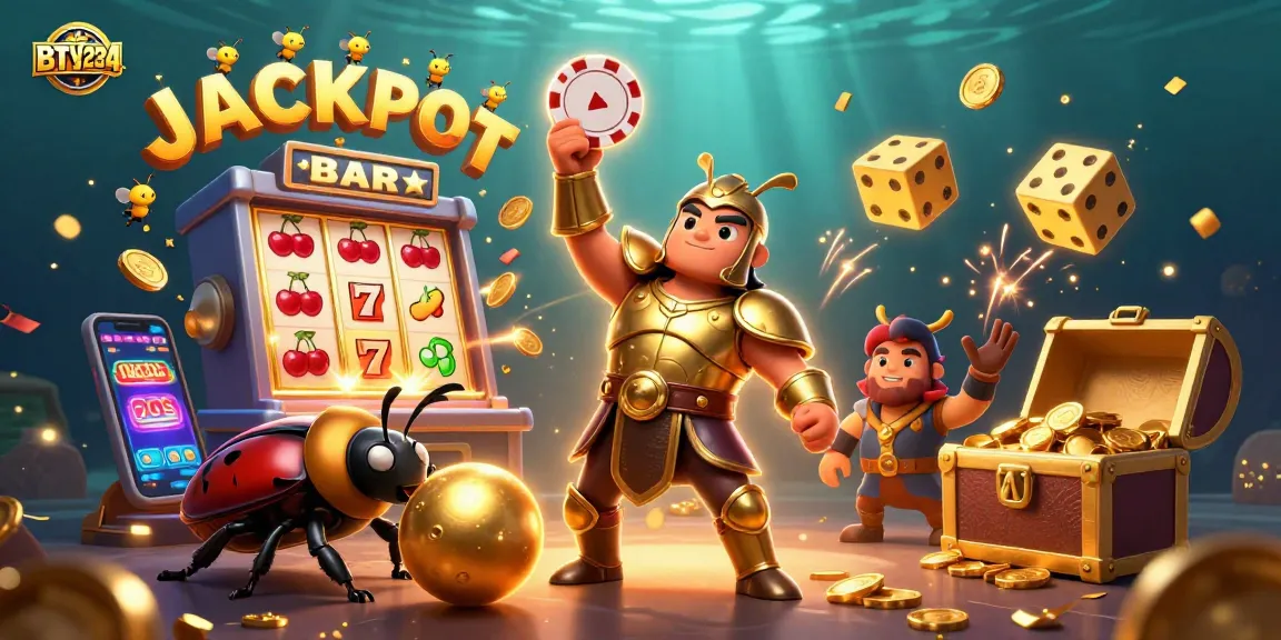 Join the excitement at BTY9234 with a triumphant beetle and casino elements bursting with winnings.