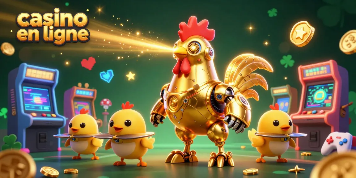 Jouez au casino en ligne avec un robot coque doré et des drones poussins dans un univers ludique.