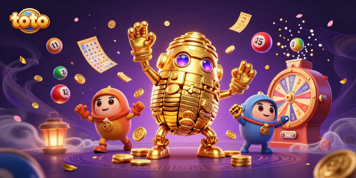 Memenangkan pengalaman toto, dengan karakter utama berupa golem emas dikelilingi bola lotere berwarna dan tiket emas.