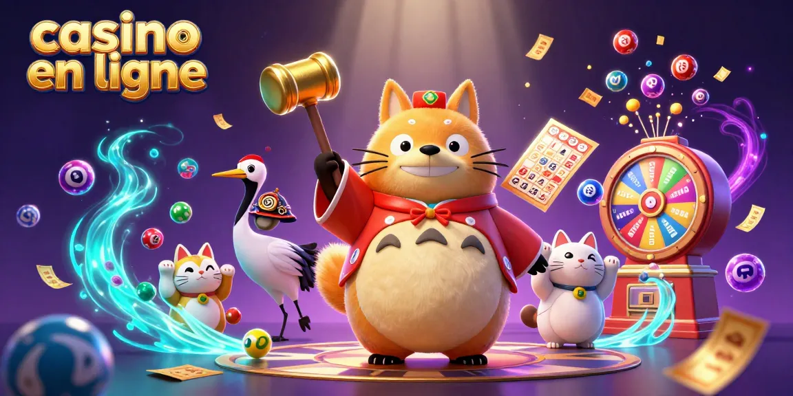 Ressentez l'excitation du casino en ligne avec une illustration dynamique de personnages animés, loteries et jeux.
