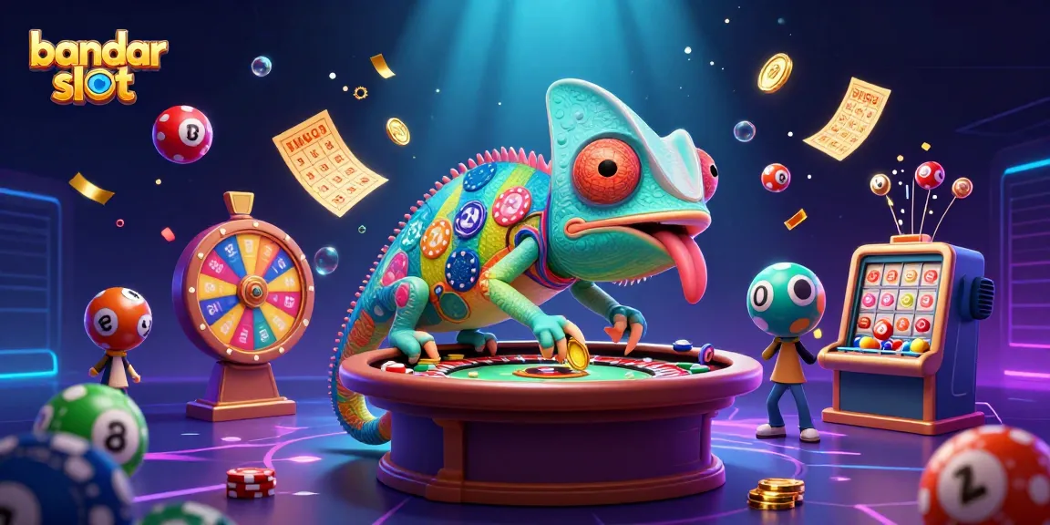 Bandar slot: Chameleon kasino menangkap koin emas dengan bola lotre warna-warni bertebaran.