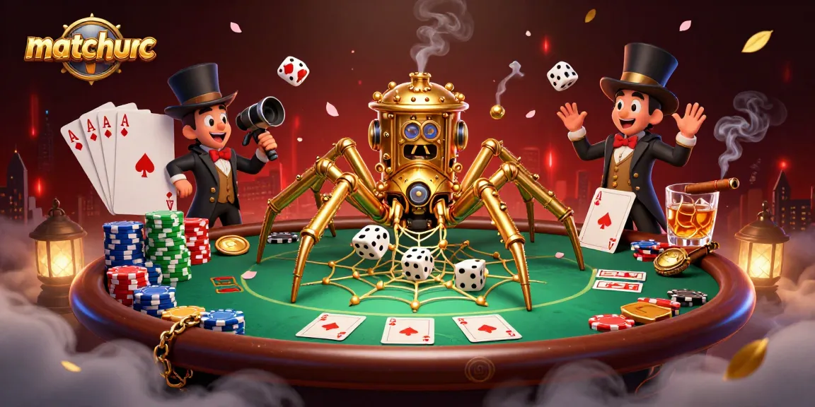 Experience matchuoc gameplay with a steampunk-inspired casino scene featuring poker elements.