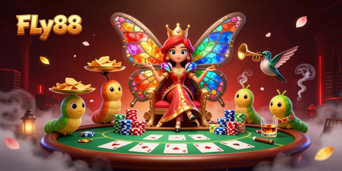 Experience the thrill of FLy88 as a butterfly queen reigns over a colorful poker scene.