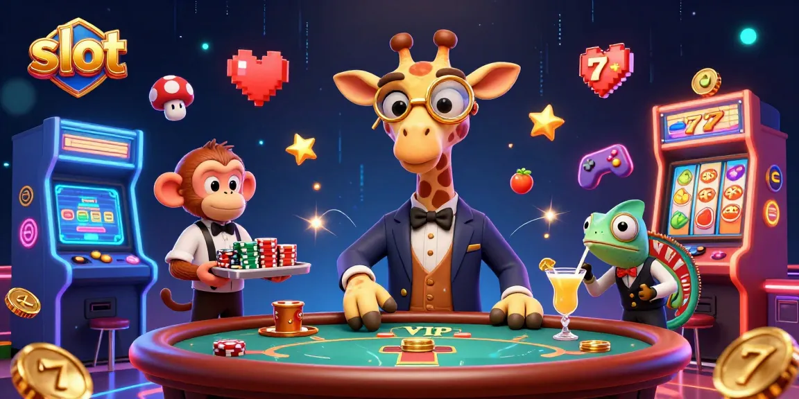 Slot yang menarik dengan hirola jerapah dan valet monyet di kasino.