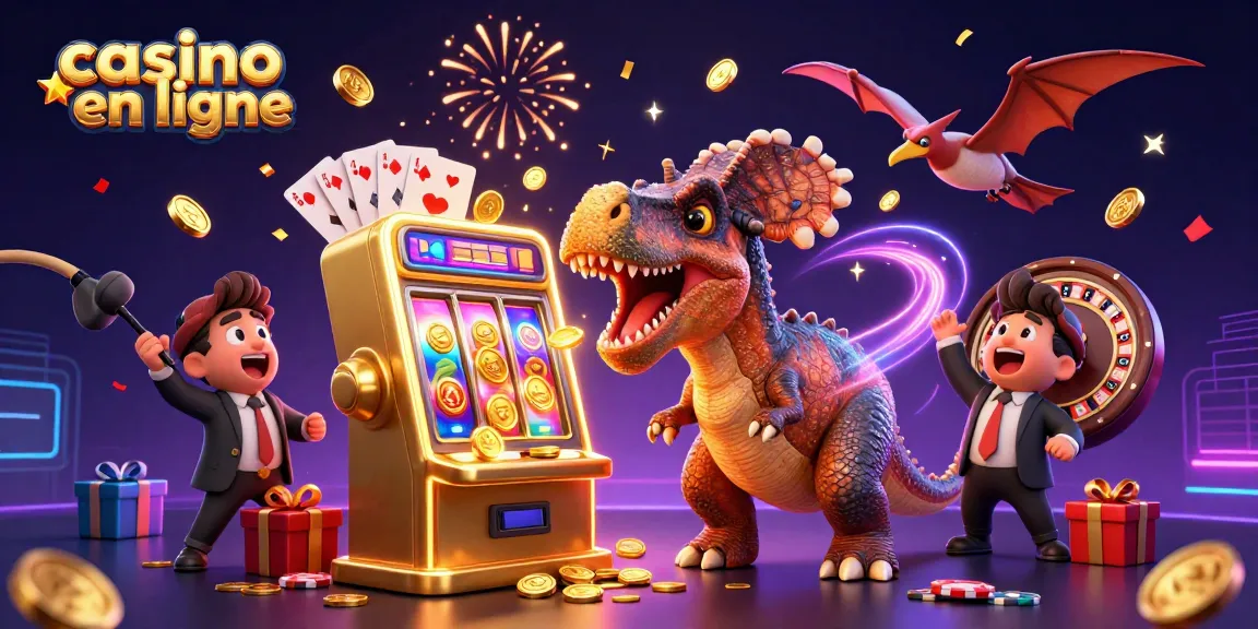 Fête au casino en ligne avec un pachycéphalosaure et une machine à sous en or.