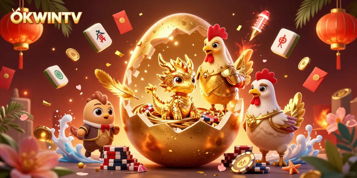 Engage with OKWINTV's thrilling gaming atmosphere featuring a golden dragon and poker chips
