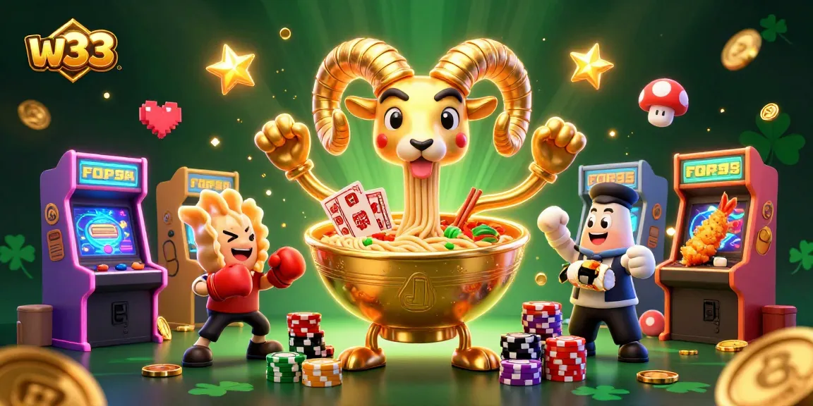 Experience exciting gameplay with w33 as the golden ramen bowl serves cards and chips in a casino setting.