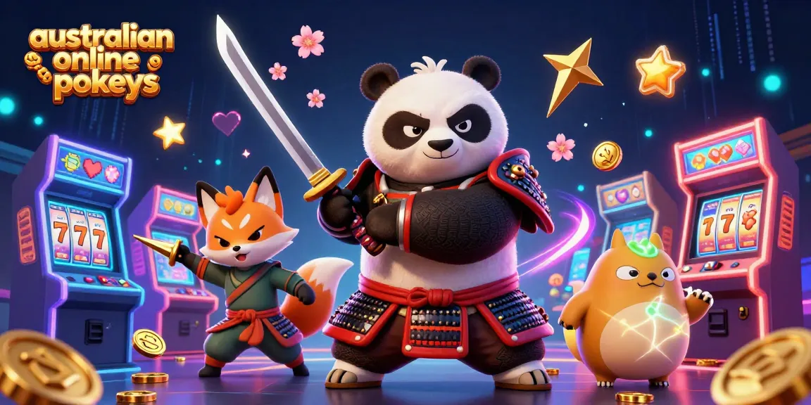 Engage with the vibrant world of australian online pokies featuring a cartoon panda, ninja fox, and tanuki.