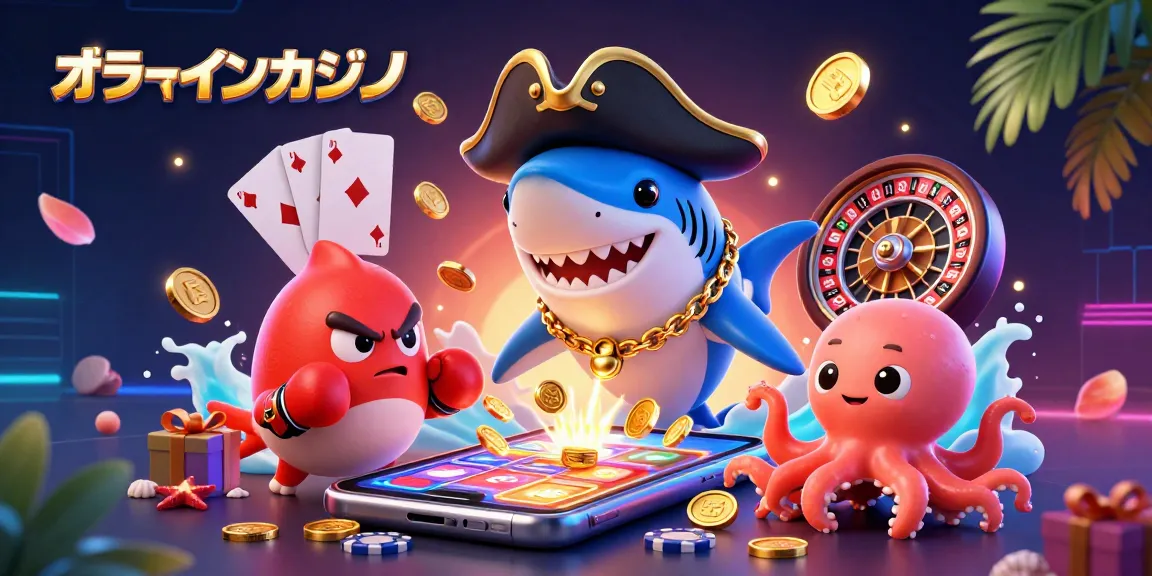 オンラインカジノのスロットゲームとコインを持つキャラクターのイラスト