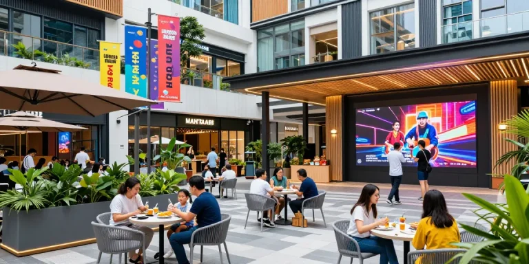 Diverse visitors enjoy lively activities at MANTRA88's modern entertainment venue, showcasing vibrant architecture.