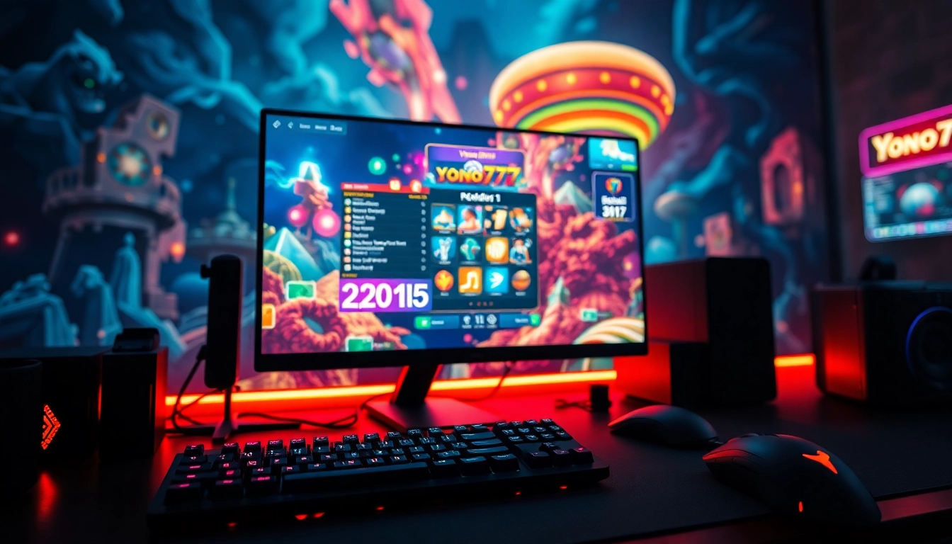 Exciting gaming experience with yono 777 showcased on a dynamic setup, featuring colorful graphics and tech.