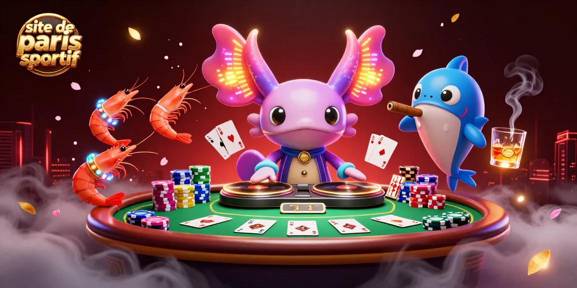 Efforcez votre victoire sur le site de paris sportif avec cette illustration pleine de vie d'un DJ axolotl et ses amis.