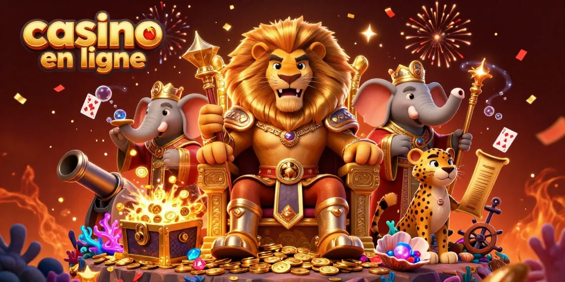 Vibrez avec le casino en ligne au royaume des jeux illustré par un lion, un éléphant sage et un guépard rapide.