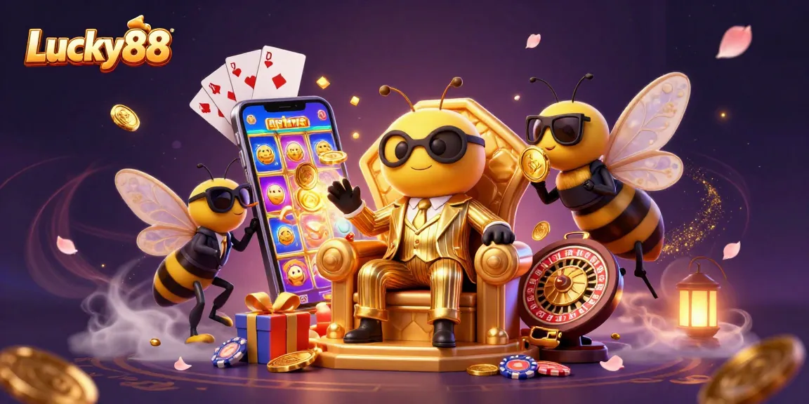 Engage with Lucky88's 3D casino illustration featuring vibrant slot games and mystical characters.