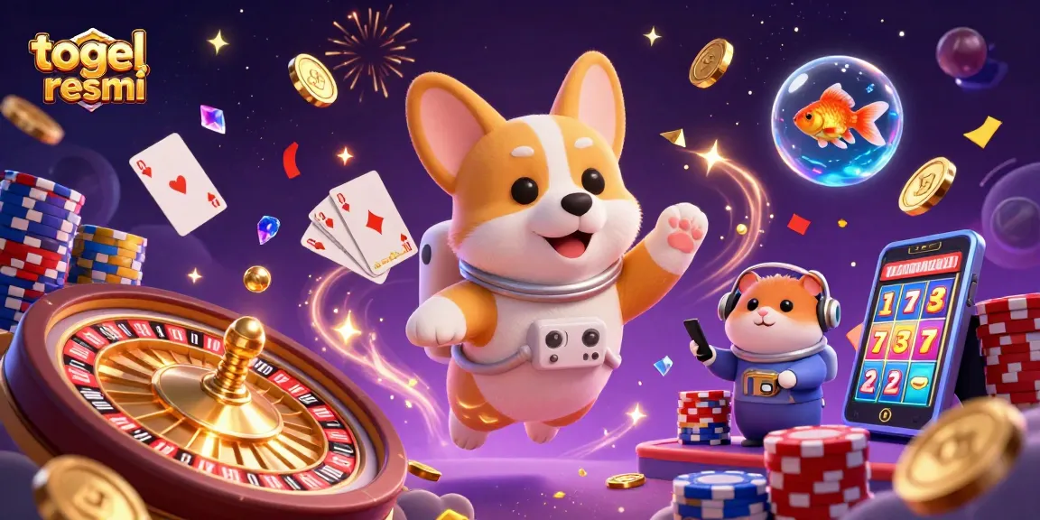 Ilustrasi 3D yang meriah dengan corgi astronaut dan hamster di kasino luar angkasa, simbol togel resmi menjulang.