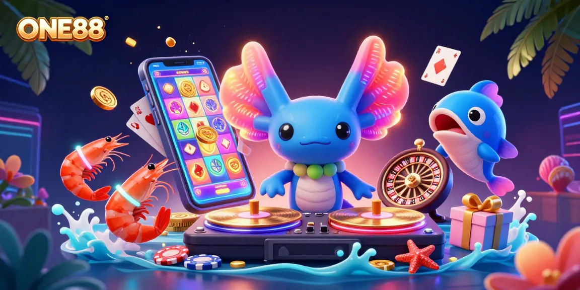 Engage with thrilling games at ONE88 as a colorful DJ spins and shrimp dance amid vibrant casino elements.